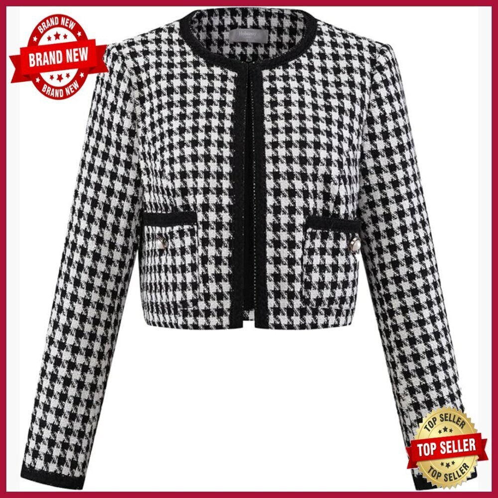 Crop Tweed Blazer Collarless Houndstooth Plaid Long Sleeve Jacket